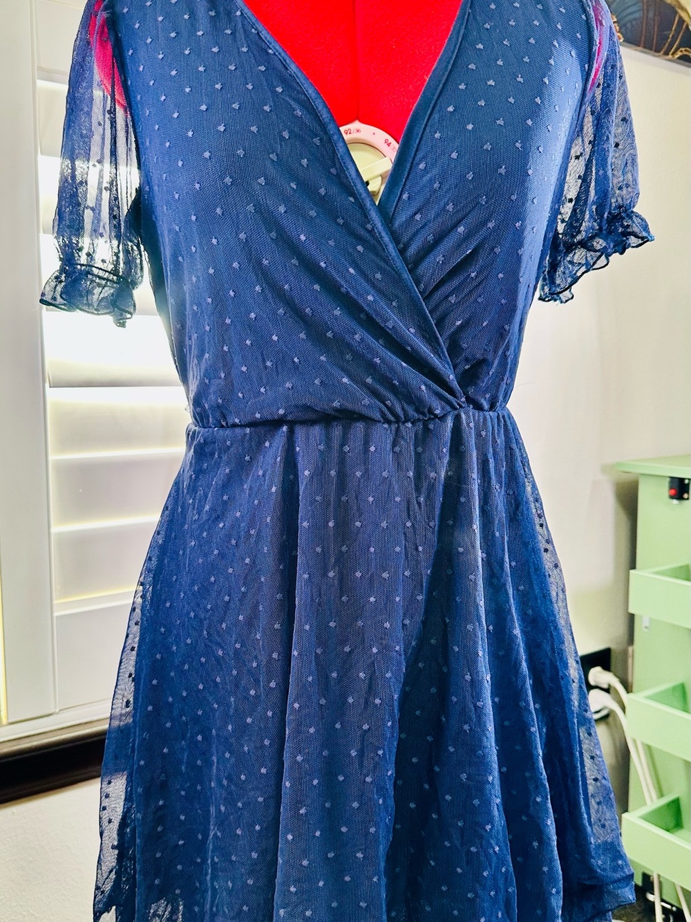 Navy Swiss Dot Wrap Mini Dress with Short Puff Sleeves